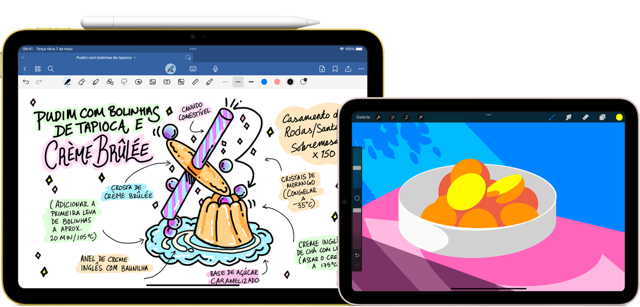 À esquerda, um iPad (10ª geração) na horizontal mostra uma ilustração com anotações e um desenho. O Apple Pencil (USB-C) está fixado na parte superior. À direita, um iPad mini na horizontal mostra uma ilustração colorida criada com o Procreate.