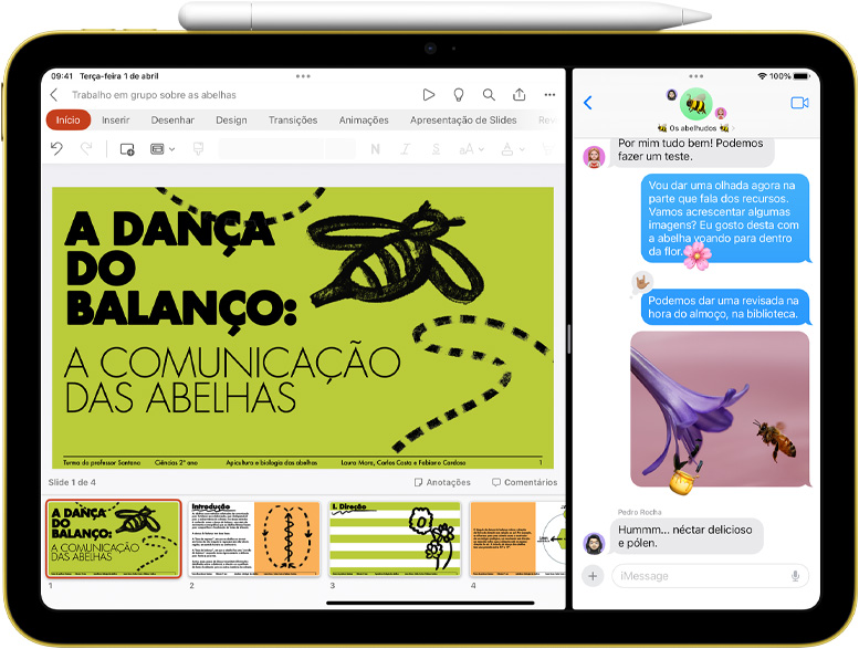 Imagem do iPad mostra os apps PowerPoint e Mensagens em Split View com o Apple Pencil fixado magneticamente ao aparelho.