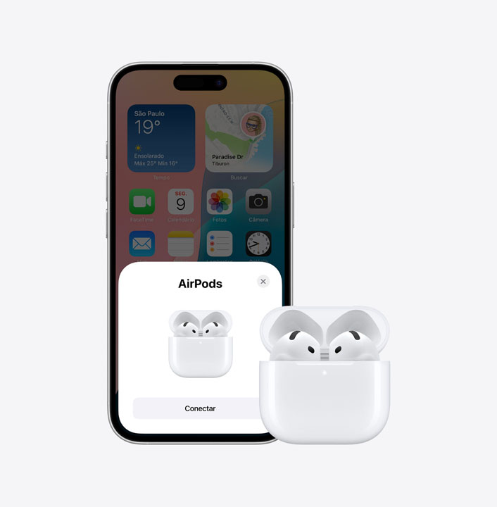 iPhone 16 ao lado dos AirPods