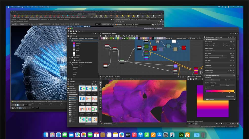 Tela com os apps Adobe Substance 3D Designer, Houdini e Redshift sendo usados para edição no Mac Studio com M4 Max.