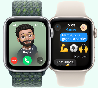 Deux Apple Watch, l’une affichant un appel entrant du père, l’autre un texto que l’enfant adresse à sa grand-mère annonçant une victoire à un match.