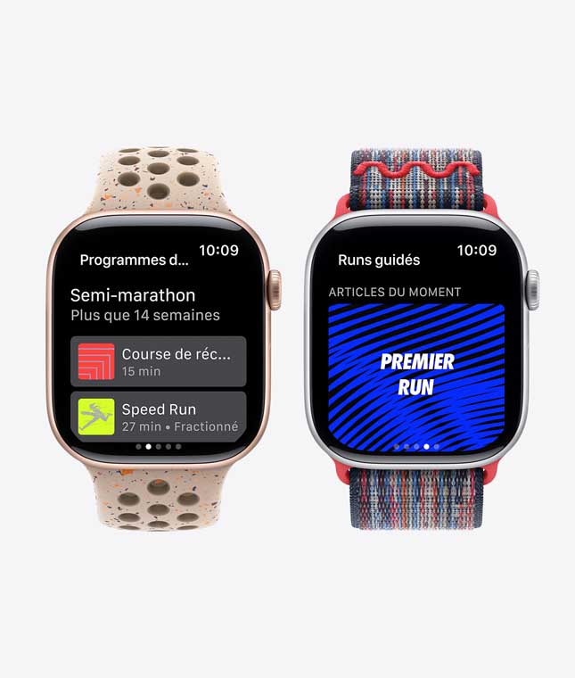 Deux Apple Watch affichant des fonctionnalités Nike Run Club, dont des programmes d’entraînement et des courses autoguidées