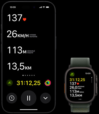 Événement en direct montrant les statistiques de vélo d’une personne, à la fois sur Apple Watch Ultra 2 et sur iPhone.