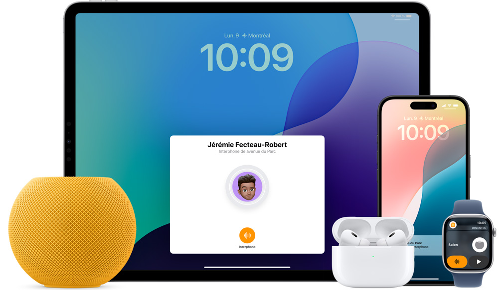 Un HomePod mini jaune, un iPad, des AirPods dans leur étui, un iPhone et une Apple Watch avec un bracelet rose.