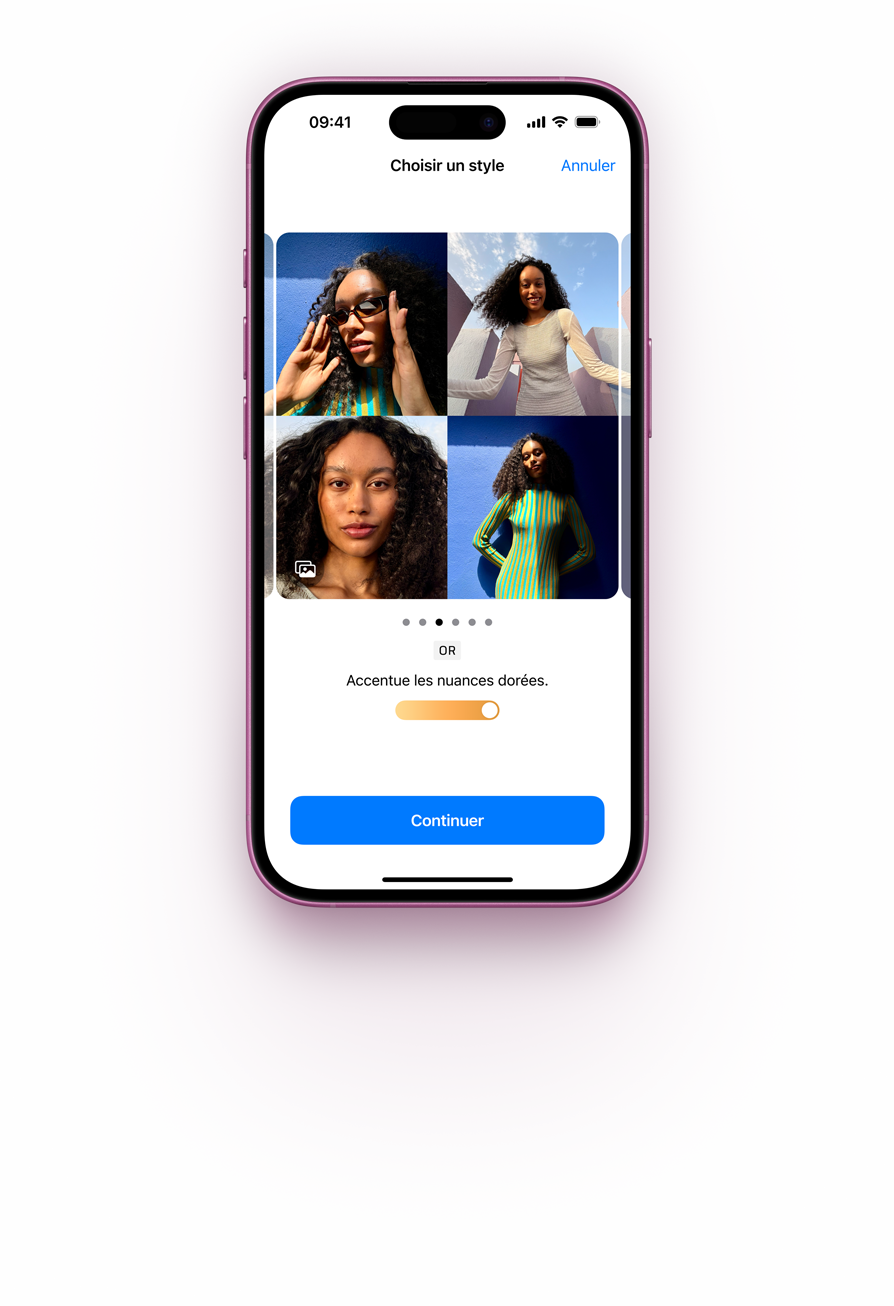 Démonstration de la méthode pour choisir les styles photographiques, faite sur un iPhone 16 en rose