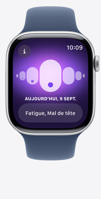 Vue de l’app Suivi du cycle sur une Apple Watch Series 10, affichant des variations du sommeil.