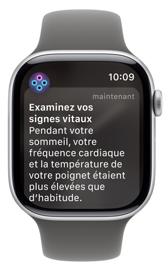 Écran d’Apple Watch affichant une alerte qui invite à vérifier les signes vitaux