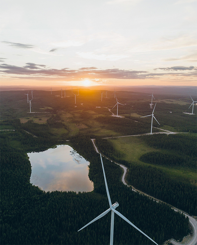 Une série d’éoliennes installées dans une campagne verdoyante, photographiées du ciel.