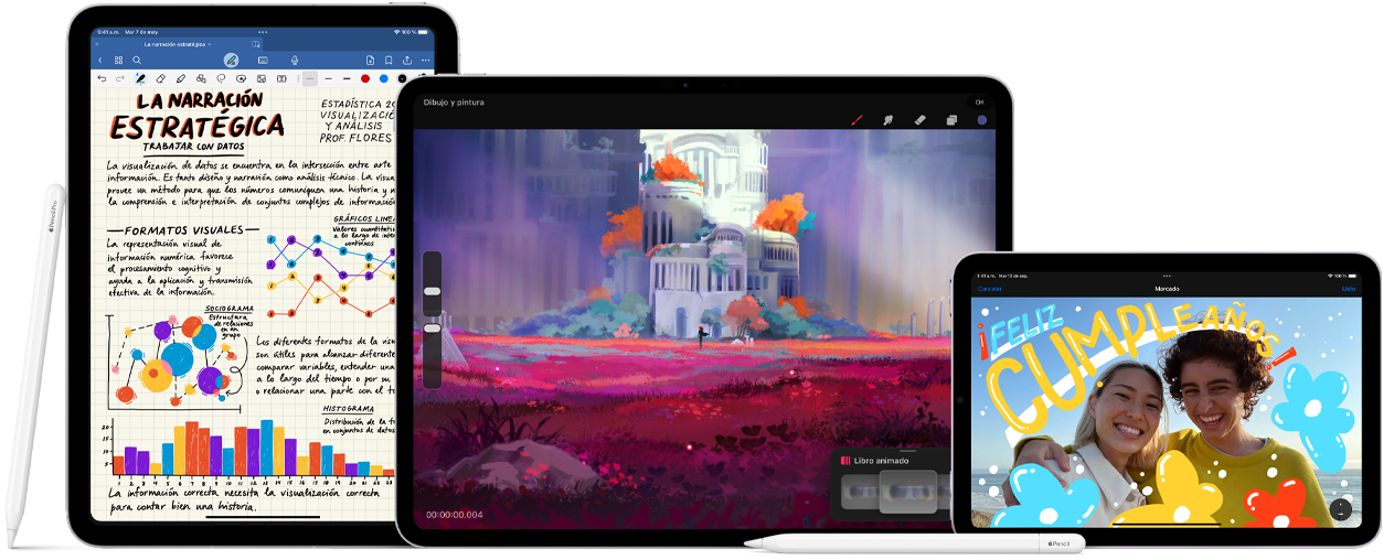 Tres iPad de frente, uno al lado del otro. A la izquierda, un iPad de décima generación en posición vertical con un Apple Pencil de primera generación. En el centro, un iPad Pro en posición horizontal muestra un dibujo colorido con un Apple Pencil Pro adherido arriba. A la derecha, un iPad mini en posición horizontal con un Apple Pencil de segunda generación adherido arriba. Y se muestra un Apple Pencil USB-C en posición horizontal delante del iPad Pro y el iPad mini.