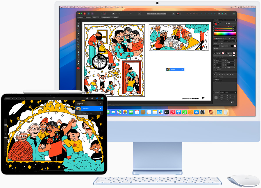 A 12.9 inch iPad Pro and iMac show a user working on a creative project. The main project is on their iMac, and they are using their iPad as a second display.