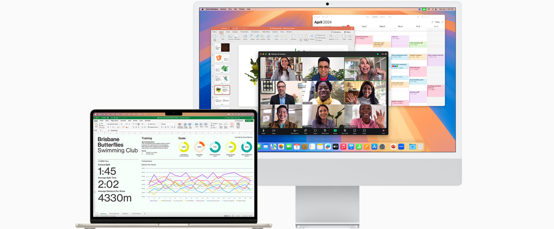 Front view of a MacBook Air showing Microsoft Excel and a front view of iMac showing Zoom, Calendar, and Microsoft Powerpoint.