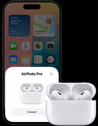 Avatud kaanega karp, sees AirPods 4 kõrvaklapid, iPhone'i kõrval, millel kuvatakse, et AirPods 4 on ühendatud.