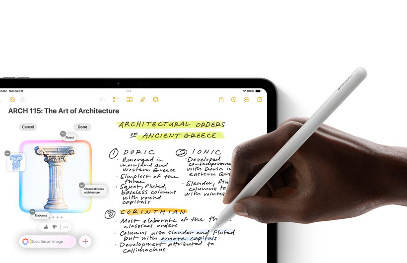 En hånd holder Apple Pencil og tegner en sirkel rundt en skisse i Notater-appen på iPad.