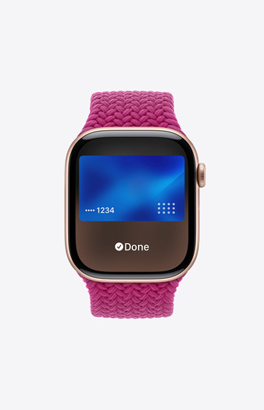 Et Apple Card blir brukt gjennom Apple Pay på Apple Watch Series 10.