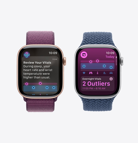 En varsling om å se gjennom vitale tegn vises på Apple Watch Series 10, og Vitale tegn-appen viser en nattmåling med to avvikende verdier på Apple Watch Series 10.