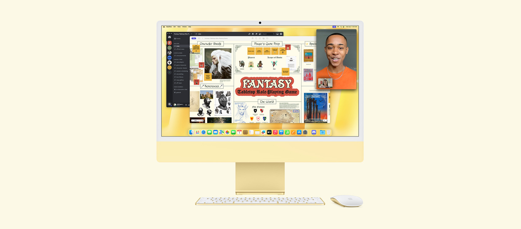 iMac jaune. L’écran affiche les apps Freeform, Discord et FaceTime utilisées simultanément pour une session de jeu de rôle sur table du genre fantasy