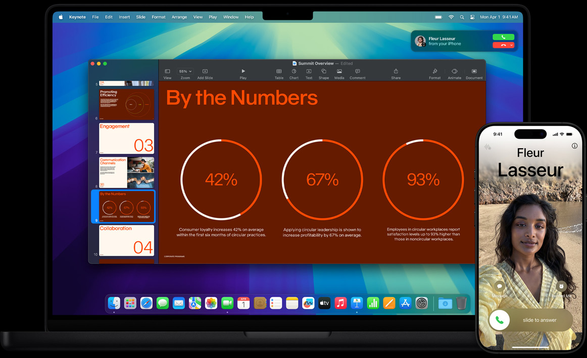 MacBook Pro next to iPhone — user receives notification on MacBook Pro screen for incoming phone call