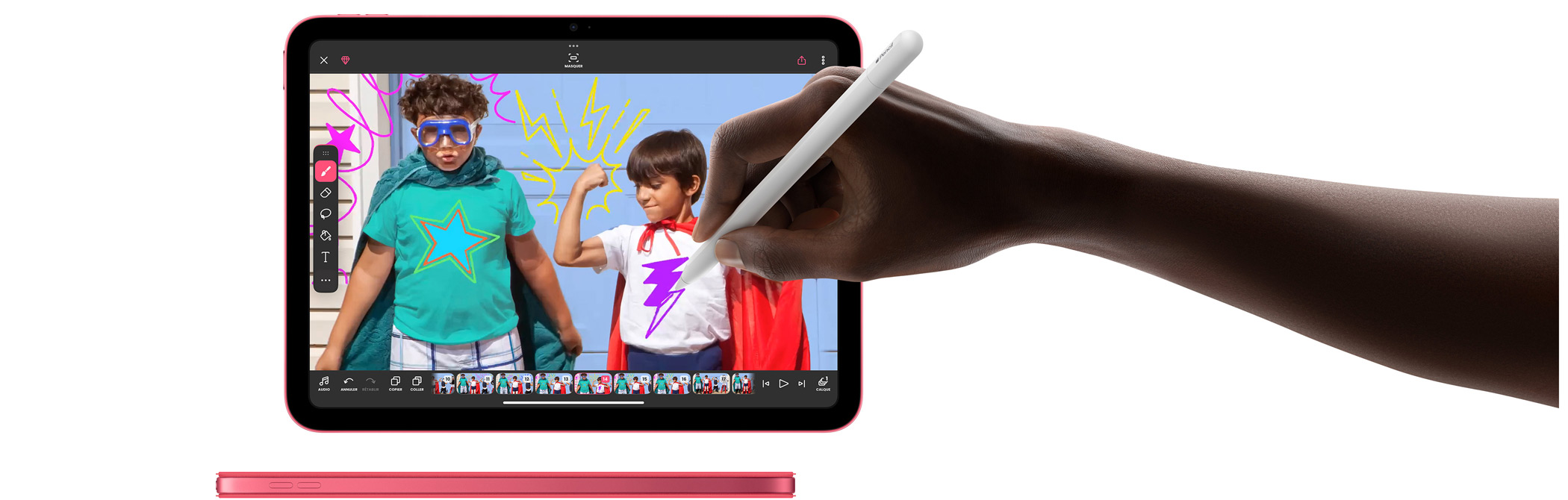 Une main tient un Apple Pencil et dessine dans Photo Mark Up.