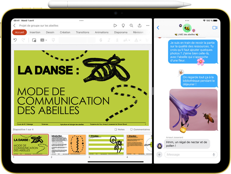 Split View des apps Powerpoint et Messages sur un iPad avec un Apple Pencil fixé par connexion magnétique.