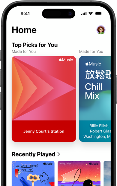 iPhone 上的 Apple Music「首頁」分頁畫面，「專屬精選推薦」卡片顯示 Jenny Court 的個人化電台和歌單