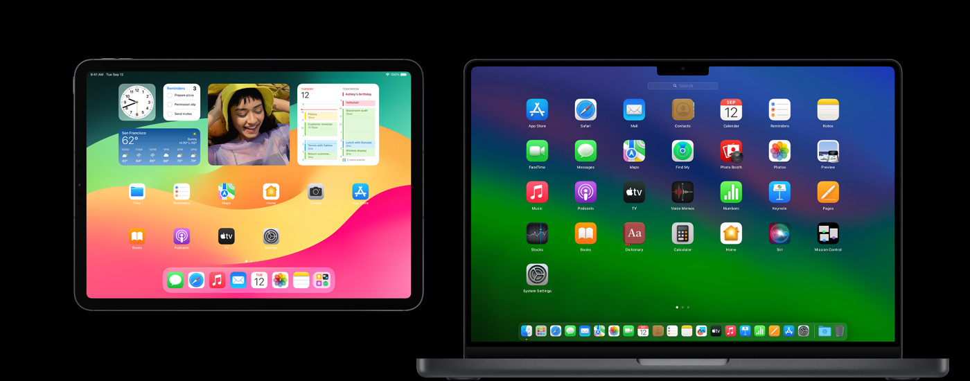 iPad 和 Mac 上顯示多個 app 圖像，iPad 上展示日曆、天氣和相片等各種小工具。