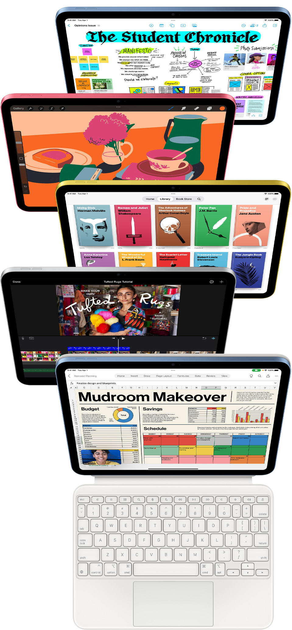 Front facing iPad screens show a variety of apps including Freeform, ProCreate, Apple Books, iMovie, and Excel with Webex Meetings.