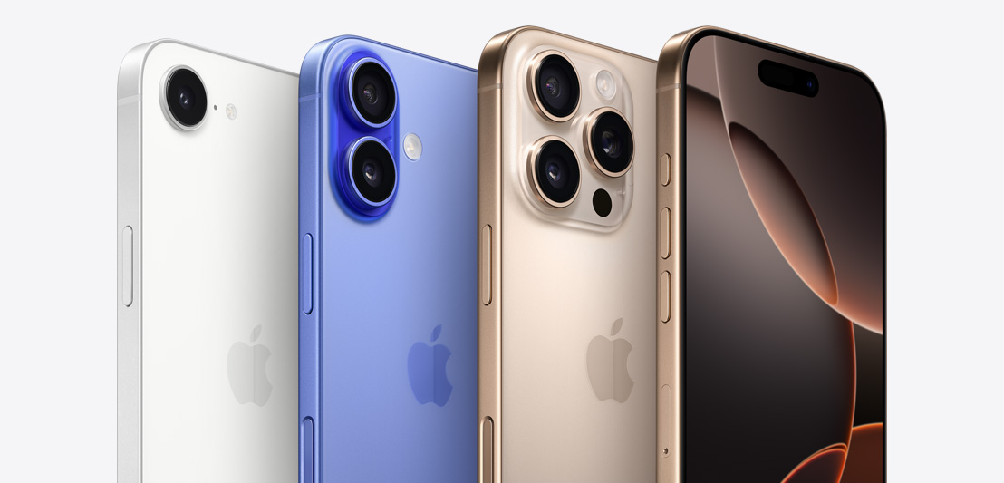 Four iPhone devices, iPhone 16 Pro in Desert Titanium color showing three camera lenses, behind another iPhone 16 Pro showing the Dynamic Island, followed by iPhone 16 in Ultramarine color showing 2 camera lenses, and iPhone 16e in white color showing one camera lens.