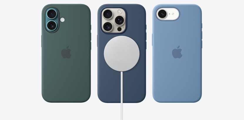 iPhone 16e and iPhone 16 lineup with accessories like various silicone cases. 20W USB-C Power Adapter, 60W USB-C Charge Cable and MagSafe Charger.