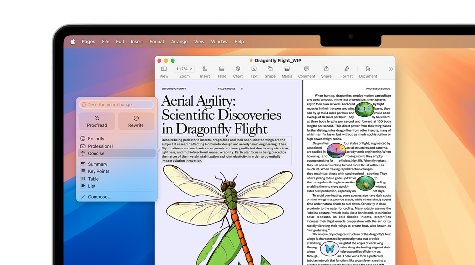 Revising a scientific document about dragonfly flight to be more concise using Apple Intelligence Writing Tools