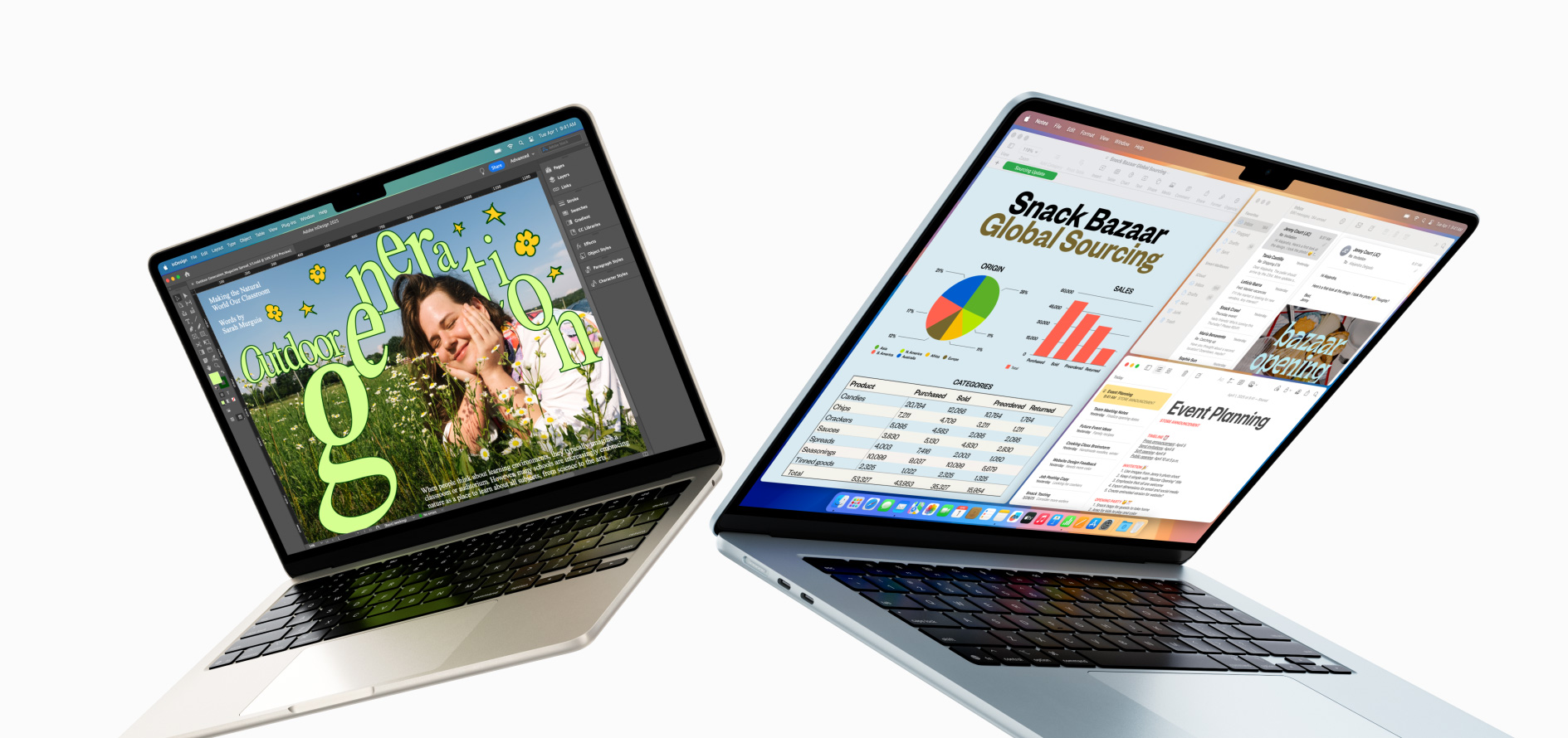 Partially open 13-inch and 15-inch MacBook Air  — one screen shows design work in progress, the other shows multitasking across email and spreadsheets