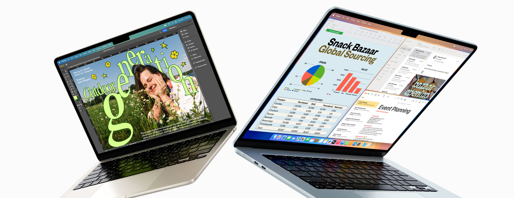 Partially open 13-inch and 15-inch MacBook Air  — one screen shows design work in progress, the other shows multitasking across email and spreadsheets