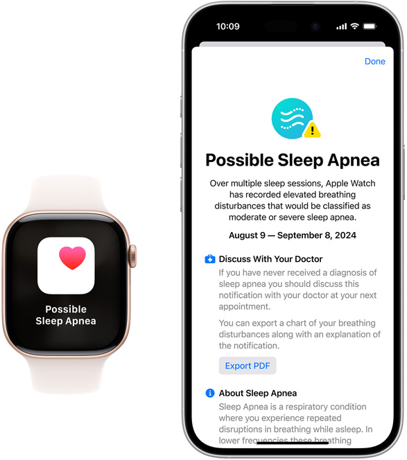 Apple Watch 和 iPhone 裝置，顯示健康 app 內的「疑似睡眠窒息症」通知。