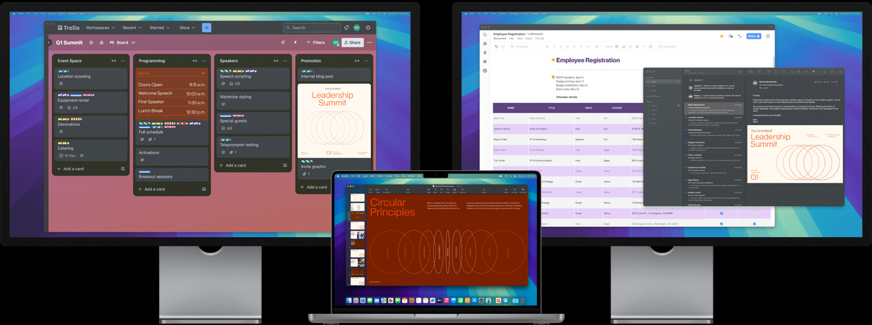 MacBook Pro 配上兩個 Studio Display，螢幕顯示用户在準備一個領袖高峰會、以 Trello app 追蹤工作事項、整理簡報，並透過電郵審閱設計檔案。