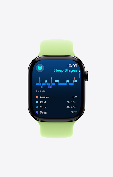 Sleep Stages within the Sleep app showing how much time someone spent awake and in REM, core, and deep sleep.