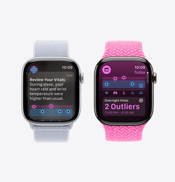 A review of your vitals notification on an Apple Watch Series 10 and the Vitals app showing overnight vitals with two outliers on an Apple Watch Series 10.