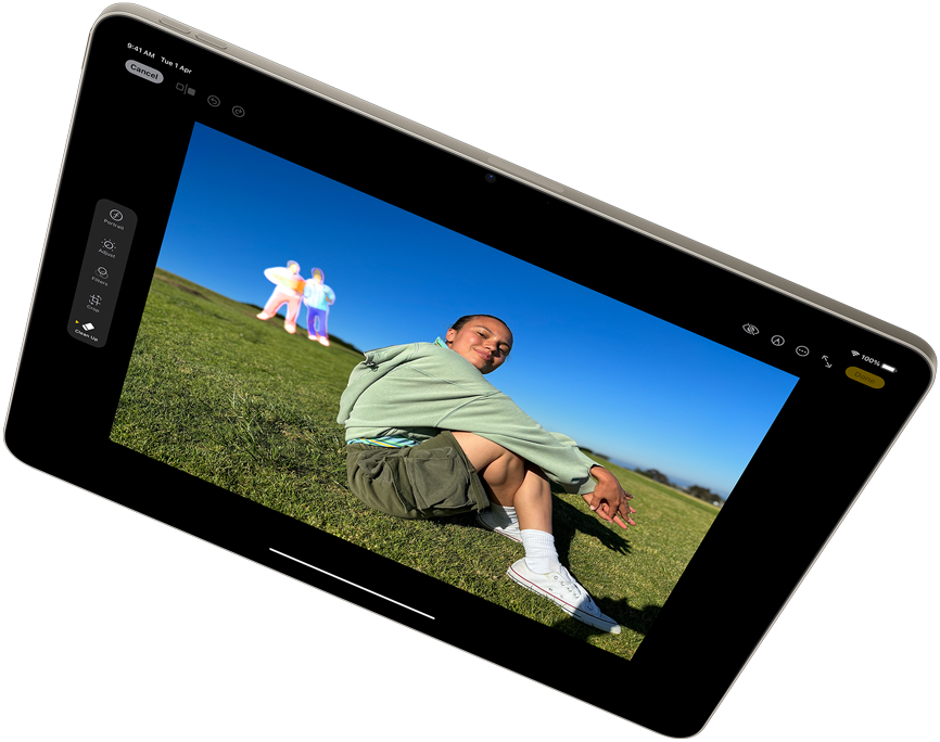 Landscape view of iPad Air showcasing Apple Intelligence with the Clean up tool in Photos app