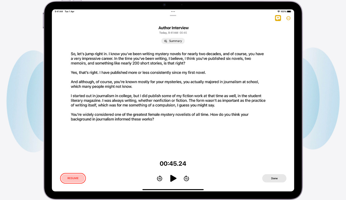 iPad Air, landscape orientation, screen displays live audio transcriptions in the Notes app