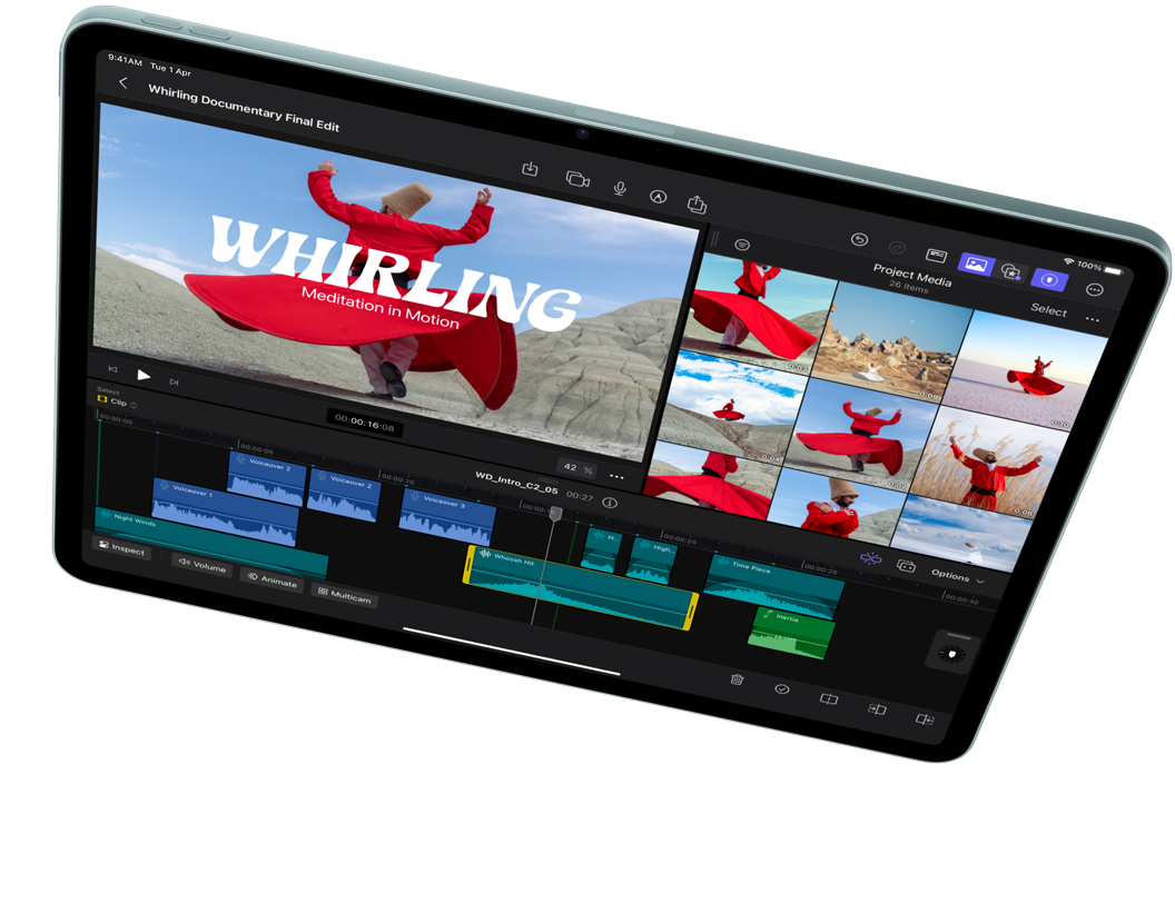 iPad Air in landscape orientation, showcasing video editing in Final Cut Pro