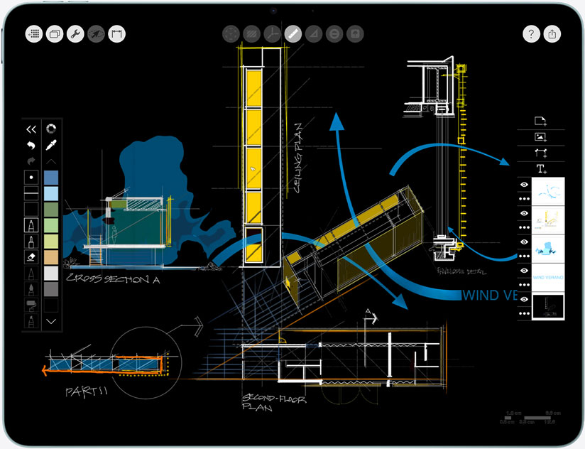 iPad Air, landscape orientation, screen displays Morpholio Trace app