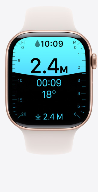 Front view of a Depth app screen on Apple Watch Series 10 showing a dive to 2.4 meters.