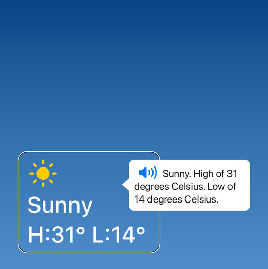 VoiceOver reading a weather notification and showing speech output. ‘Sunny. High of 31 degrees Celsius. Low of 14 degrees Celsius.’