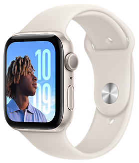 نماذج من ساعة Apple Watch SE بالألوان المتوفرة: ألومنيوم سماء الليل، ألومنيوم ضوء النجوم، ألومنيوم فضي.