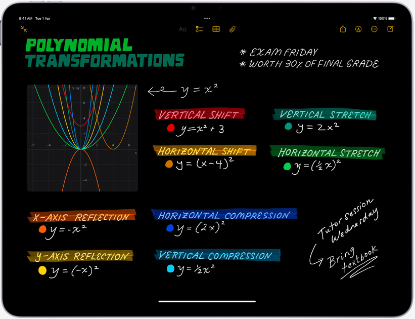 iPad Air, landscape orientation, screen displays Math Notes