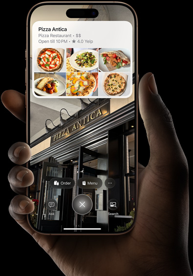 Hand holding iPhone 16 Pro showing results of a search using visual intelligence.