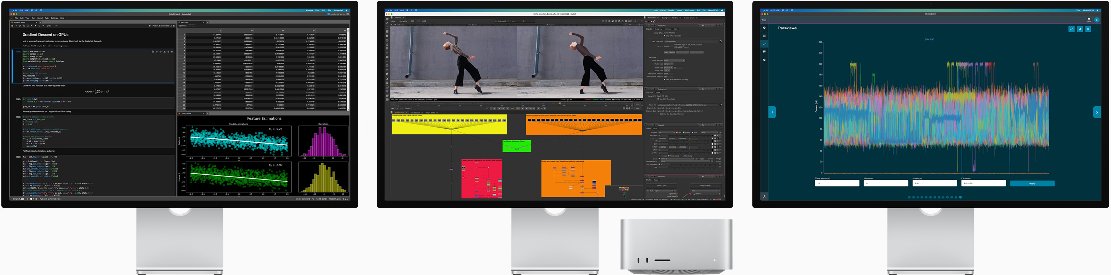 صورة لجهاز Mac Studio وثلاث شاشات Studio Display تعرض جميعها تطبيقات macOS مختلفة على الشاشة