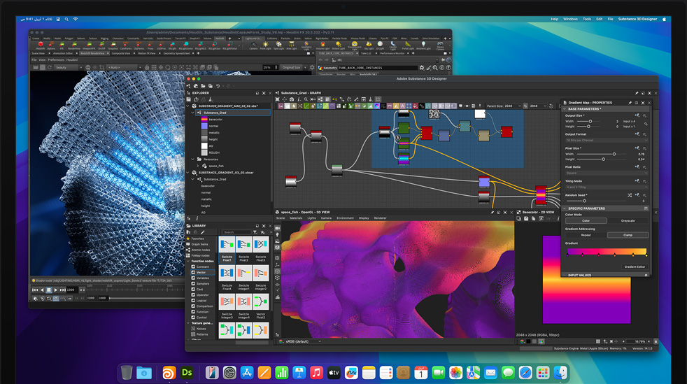 شاشة تعرض برنامج Adobe Substance Designer وبرنامج Houdini 3D يُستخدمان في التحرير على Mac Studio بشريحة M4 Max
