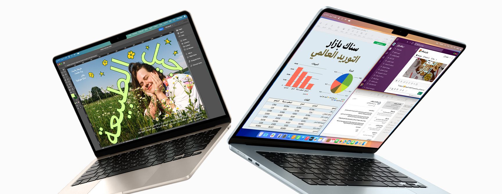 جهاز MacBook Air مقاس 13 إنش وجهاز MacBook Air مقاس 15 إنش مفتوحان جزئياً، وتعرض شاشة الجهاز الأول مشروع تصميم قيد التنفيذ، في حين أن شاشة الجهاز الآخر تعرض مثلاً عن إنجاز مهام متعددة باستخدام الإيميل وجداول بيانات