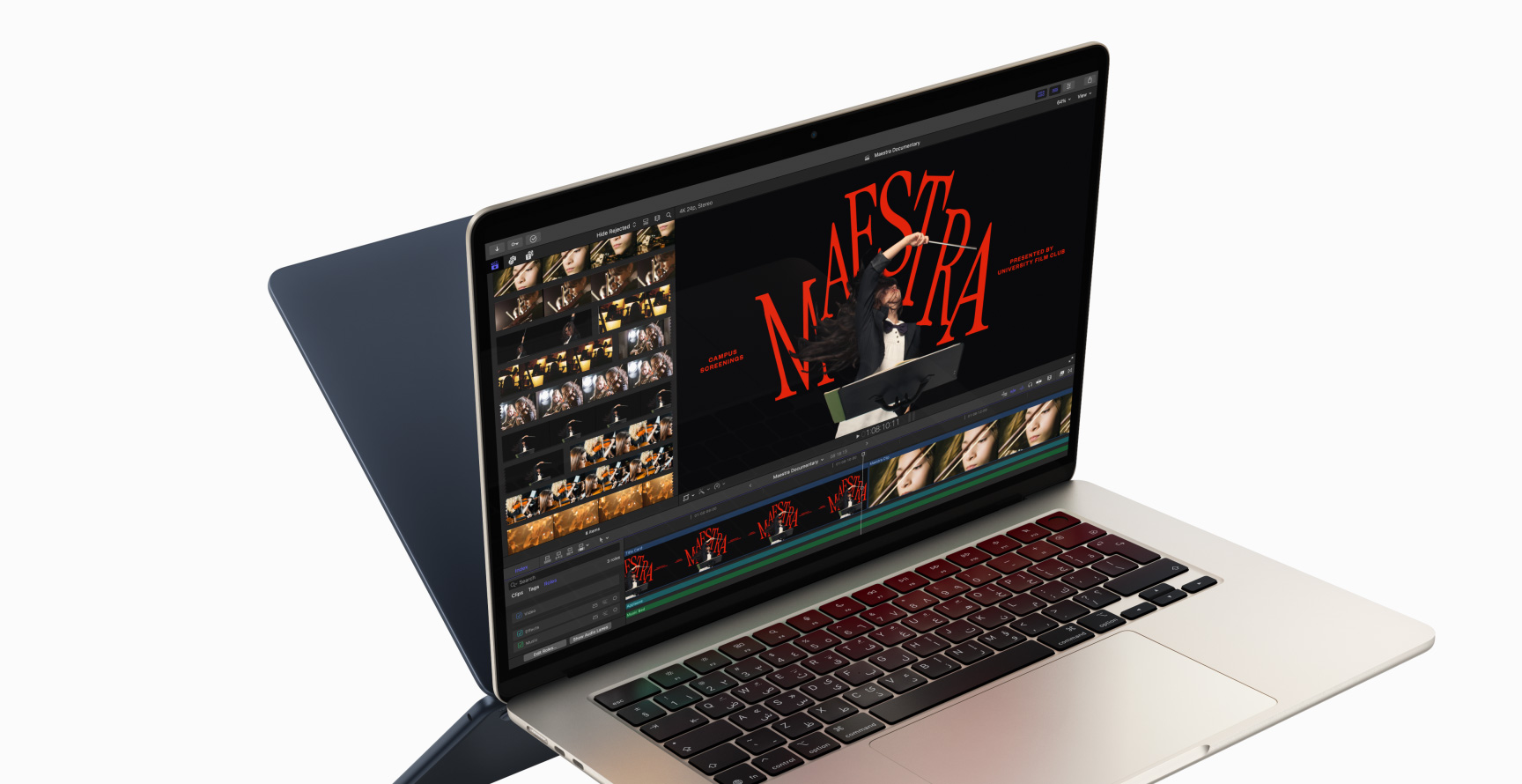 جهاز MacBook Air يعرض تعديل فيديو في ‏Final Cut Pro لإبراز قدرات شريحة M4، ويظهر خلف هذا الجهاز الأول الجانب الخلفي من جهاز MacBook Air ثانٍ يبدو وكأنه صورة معكوسة في مرآة