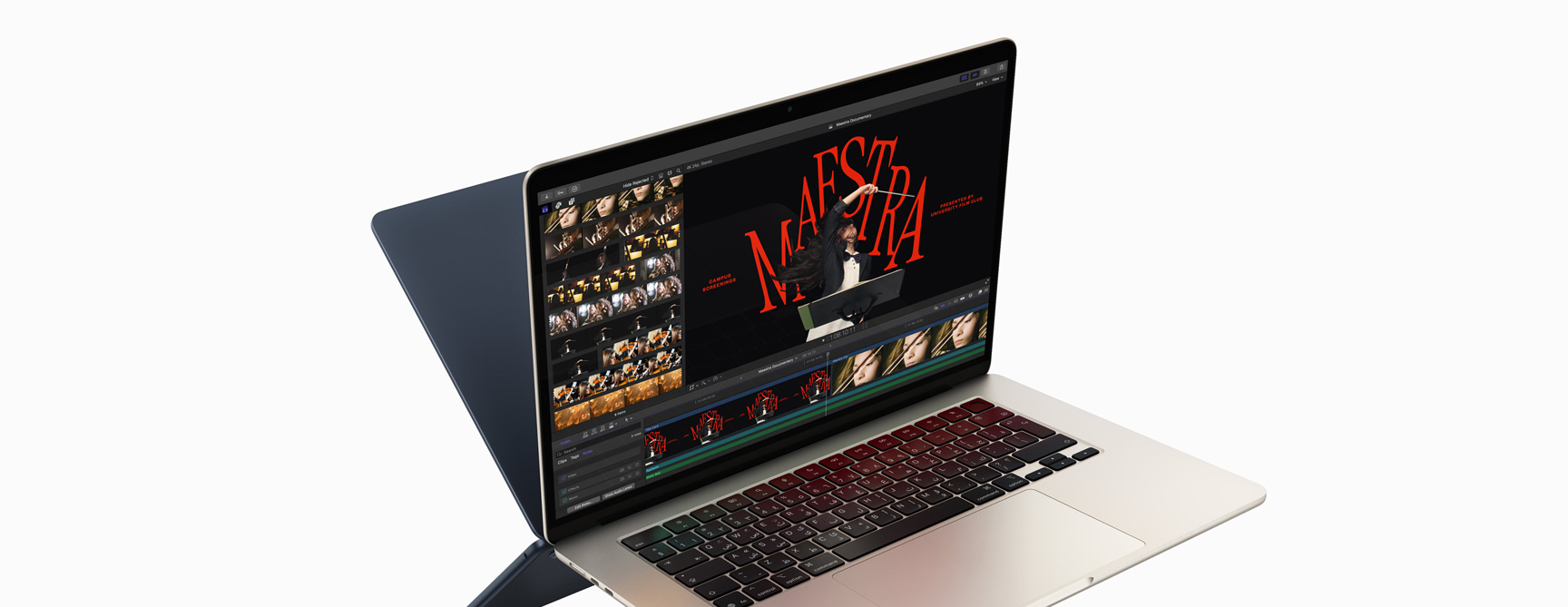 جهاز MacBook Air يعرض تعديل فيديو في ‏Final Cut Pro لإبراز قدرات شريحة M4، ويظهر خلف هذا الجهاز الأول الجانب الخلفي من جهاز MacBook Air ثانٍ يبدو وكأنه صورة معكوسة في مرآة