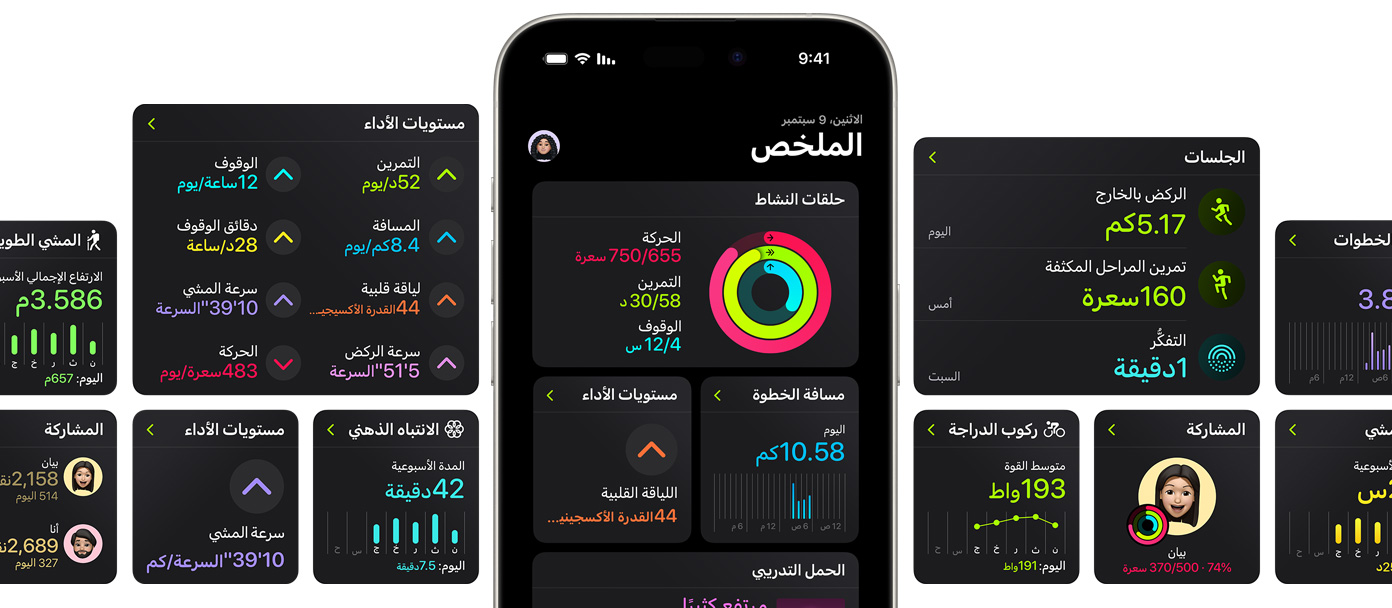 جهاز iPhone وسط عدة شاشات يعرض خيارات التخصيص لصفحة الملخص في تطبيق اللياقة.